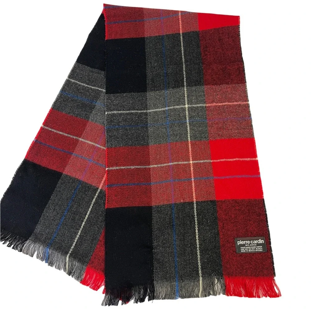 Vtg Pierre Cardin Tartan Red Plaid Scarf  Acrylic Soft 12 x 50